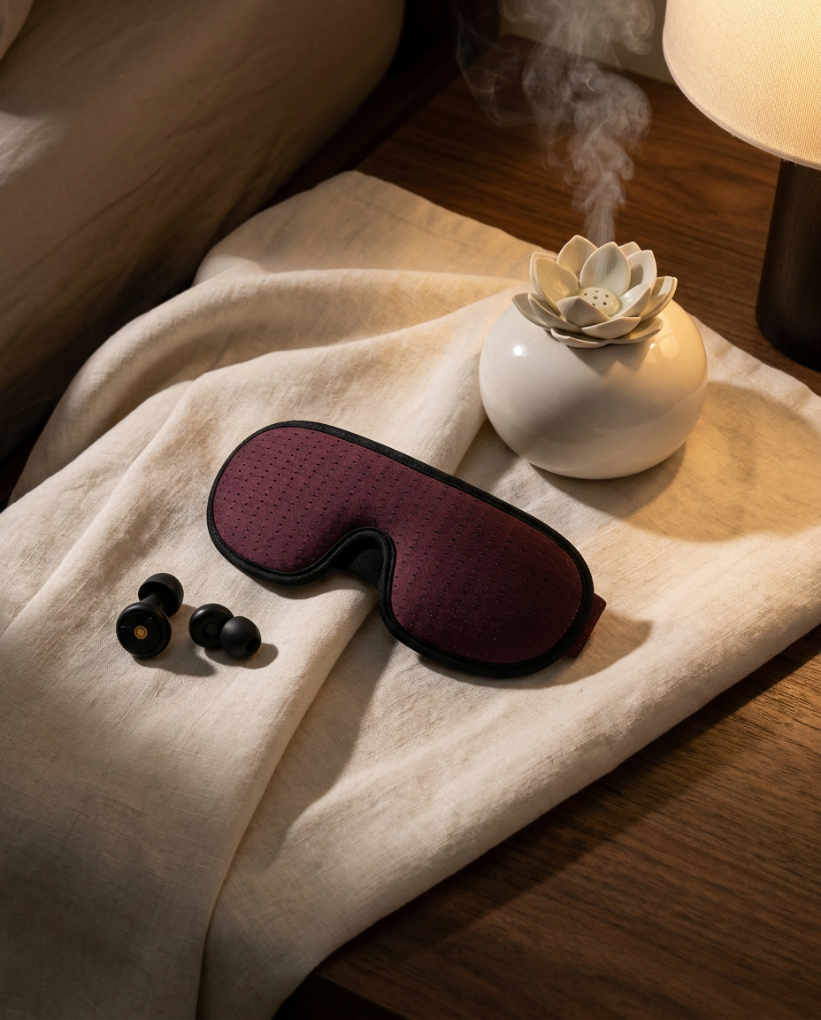 Contour sleep mask, ear plugs and the lotus diffuser on linen, lit by one low lamp